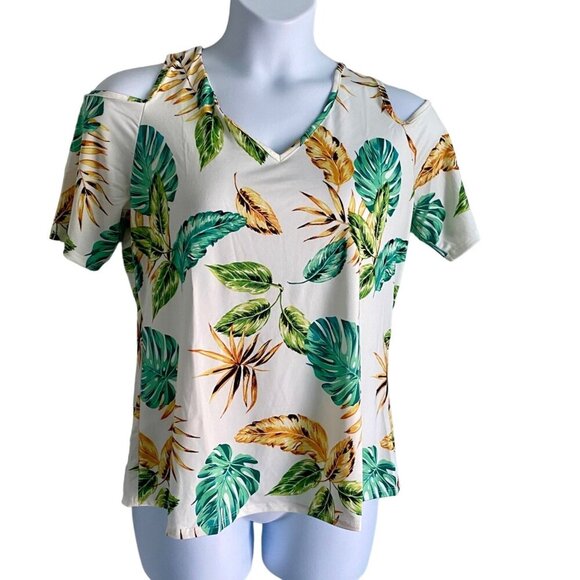 Cha Cha Vente Women's Tropical Leaf Print Cold Shoulder Top Large NEW NWT - Picture 2 of 10
